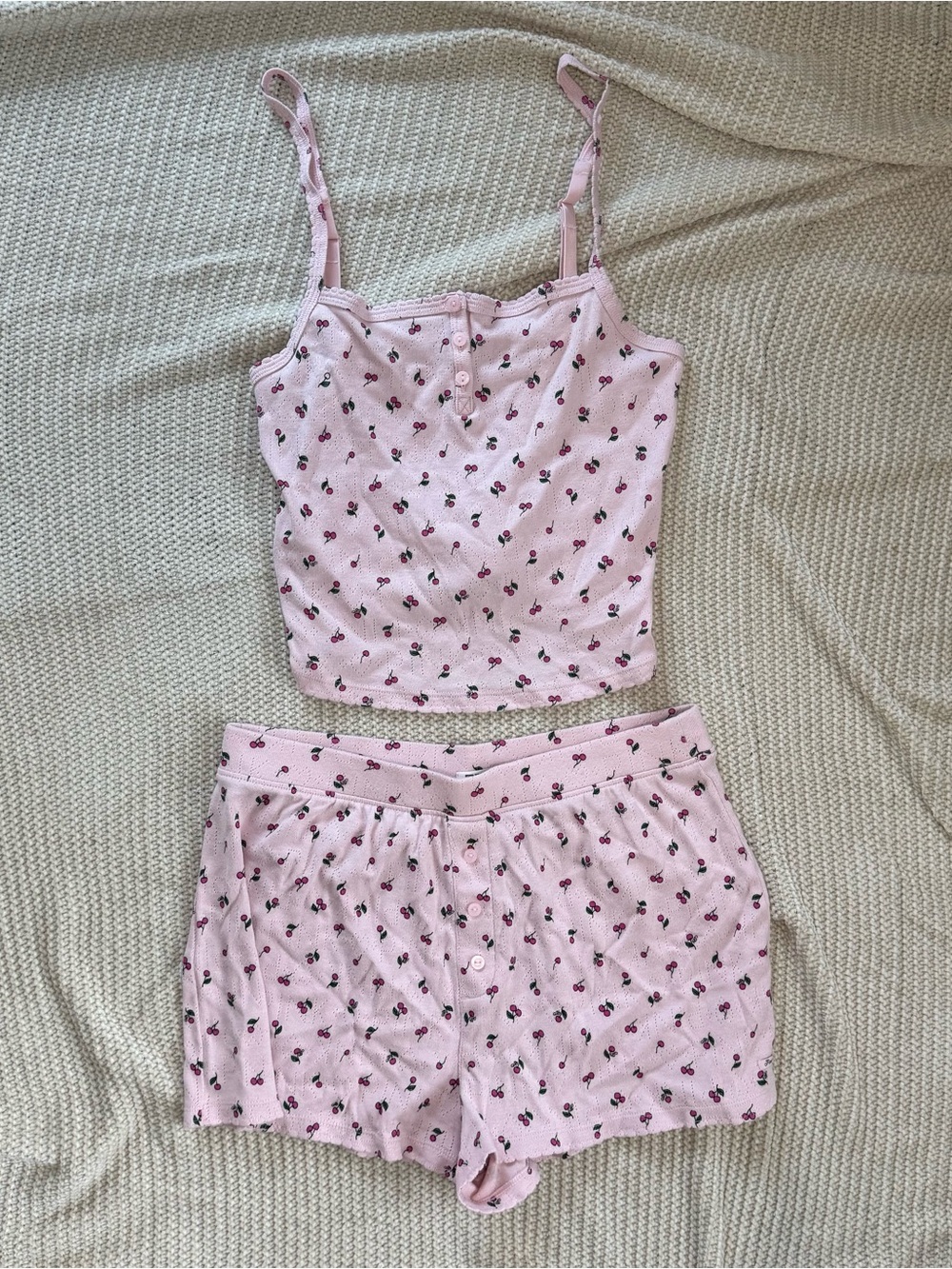 VS PINK Cherry Pointelle Pajama Set Henley Cami Boxer Shorts Pink Sleepwear M